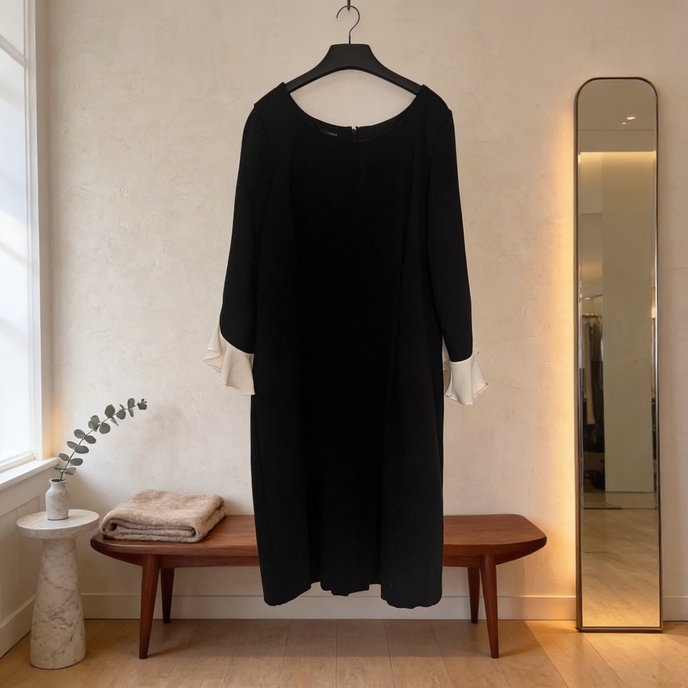 Talbots black midi dress with white ruffle cuffs